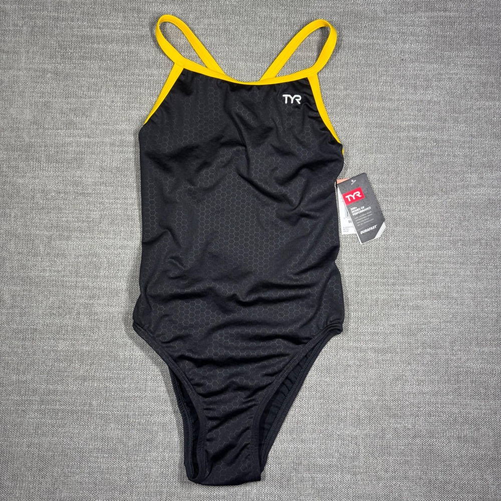 TYR Hexa Diamondfit Swimsuit Black Gold Durafast‎ Elite Size 34 NWT